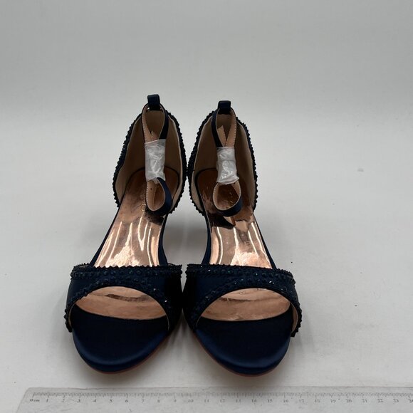 XYD Navy Chic Peep Toe D'Orsay Kitten Heel Rhinestone Studs Ankle Strap Sandals - Picture 3 of 8